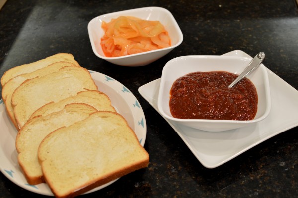 Thick white bread, Hot sauce onions, and sweet bbq sauce