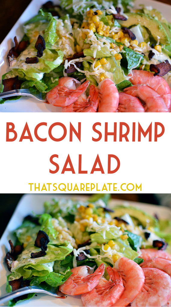 Shrimp & Bacon Salad with Pesto Dressing ~ Avocado, Bacon, Shrimp, AND Pesto dressing ~ An absolutely dynamite combination of flavors! From thatsquareplate.com