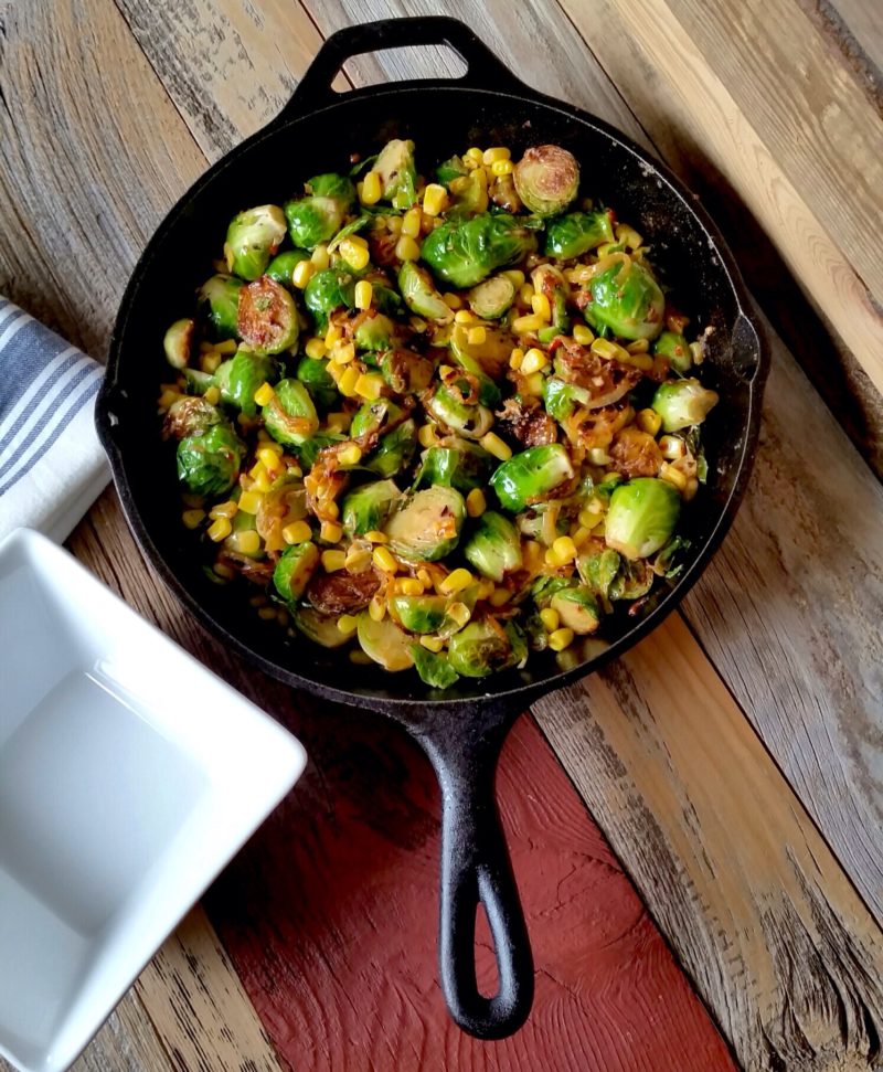 Spicy Pan-Seared Brussel Sprouts with Corn & Caramelized Onions