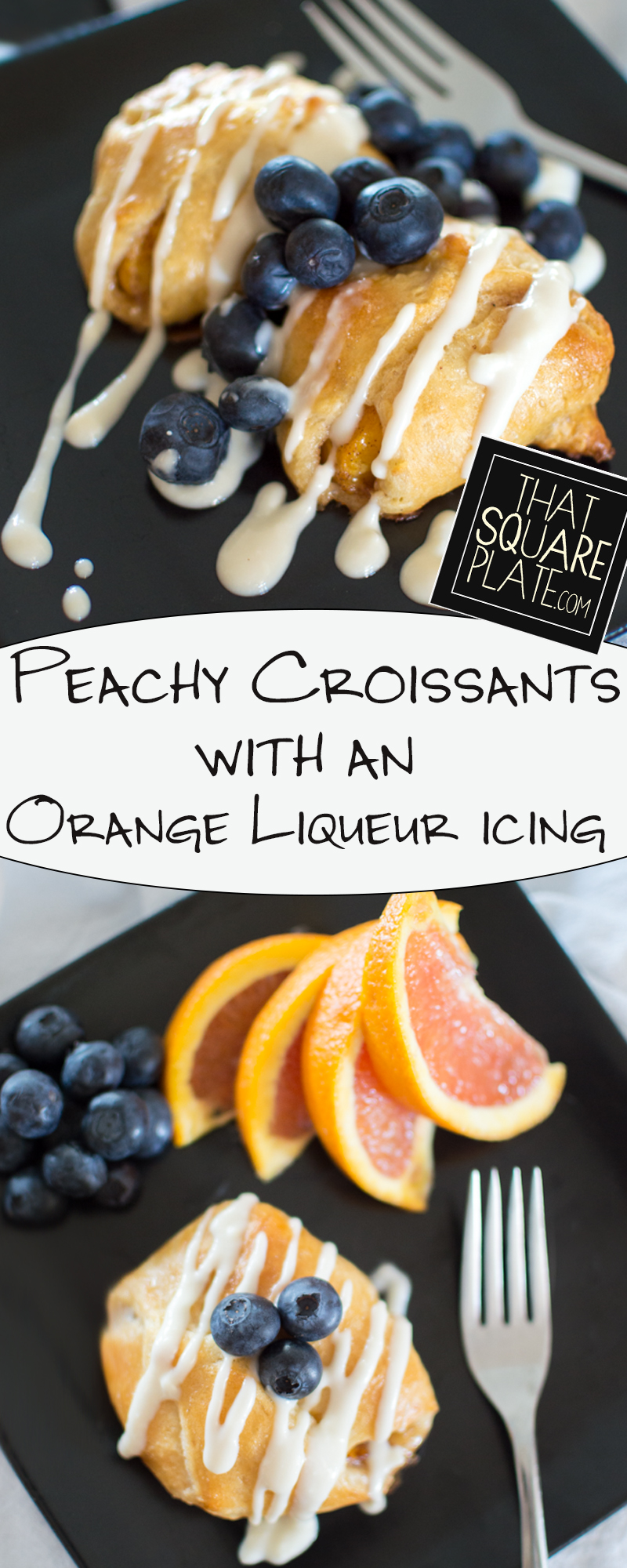 These peach croissants are an awesome breakfast or dessert with a sweet orangey, boozy topping. 