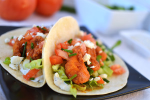 Fried chicken strips coated in spicy buffalo sauce, on a flour tortilla with homemade bleu cheese sauce, tomatoes, lettuce and more bleu cheese.