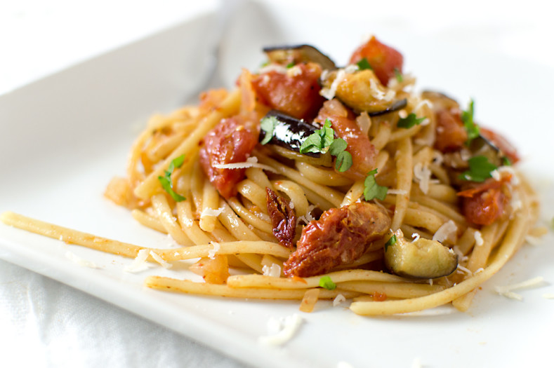 Roasted Eggplant & Sun-Dried Tomato Pasta - That Square Plate